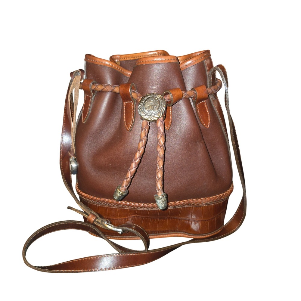 Brighton VTG Bucket Bag Womens Med Brown Leather Croc Embossed Braided Crossbody